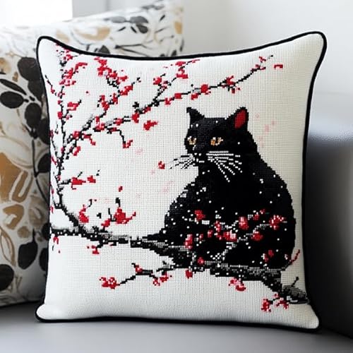 ANSIWEIGO Kissenbezug mit Kreuzstich „Sakura Black Cat“,vorgestickter Bezug aus Baumwolle und Leinen,versteckter Reißverschluss,Heimdekoration,45x45 cm von ANSIWEIGO