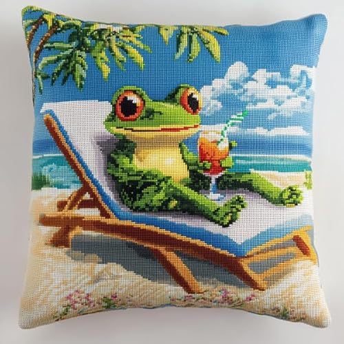 ANSIWEIGO Kissenbezug mit Kreuzstichmotiv „Leisure Vacation Frog“,vorgestickter Bezug aus Baumwolle und Leinen,versteckter Reißverschluss,Heimdekoration,45x45 cm von ANSIWEIGO