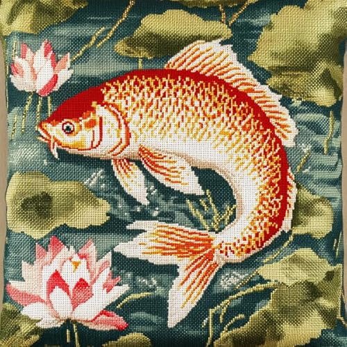 ANSIWEIGO Kissenbezug mit Kreuzstichmotiv „Lotusteichfisch“,vorgestickter Bezug aus Baumwolle und Leinen,versteckter Reißverschluss,Heimdekoration,45x45 cm von ANSIWEIGO