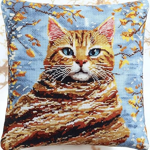 ANSIWEIGO Kissenbezug mit Kreuzstichmotiv „Winterkatze“,vorgestickter Bezug aus Baumwolle und Leinen,versteckter Reißverschluss,Heimdekoration,45x45 cm von ANSIWEIGO