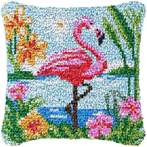 ANSIWEIGO Knüpfhaken-Kissenbezug-Set mit Flamingo-Vogel für Handarbeitskissen,Dekokissen,Kreuzstich,Häkelnadel,Kissenbezug,Teppich-Set,bedruckte Leinwand,Häkelgarn-Set,Handarbeit,43x43 cm von ANSIWEIGO