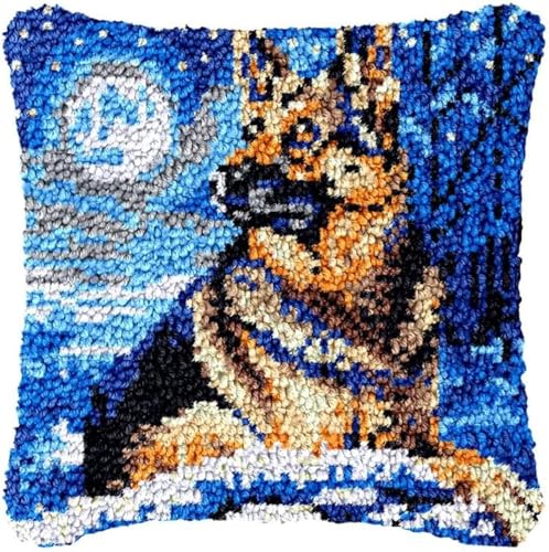 ANSIWEIGO Knüpfhaken-Kissenbezug-Set mit deutschem Schäferhund für selbstgemachte Dekokissen,Kreuzstich-Knüpfhaken-Kissenbezug,Teppich-Set mit vorgedrucktem Farbmuster,Canvas-Häkelgarn-Sets,43x43 cm von ANSIWEIGO