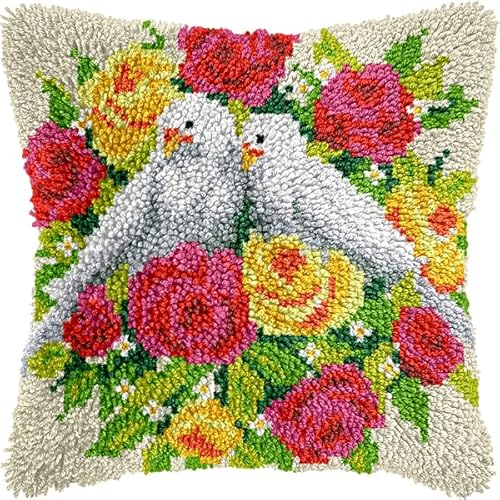 ANSIWEIGO Knüpfhaken-Set für Erwachsene und Anfänger,Blumenvogel,DIY-Kissen-Stickset mit allen Materialien und Werkzeugen,perfekt für Anfänger,Heimdekoration und Geschenke,43x43 cm von ANSIWEIGO