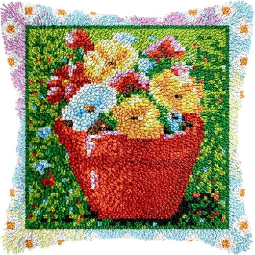 ANSIWEIGO Knüpfhaken-Set für Erwachsene und Anfänger,Bunter Blumenkorb,DIY-Kissen-Stickset mit allen Materialien und Werkzeugen,Perfekt für Anfänger,Heimdekoration und Geschenke,43x43 cm von ANSIWEIGO