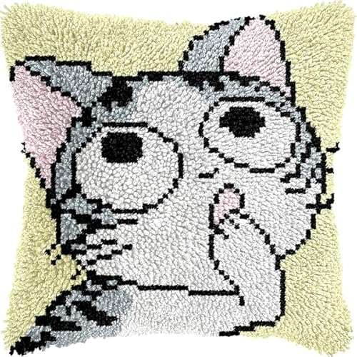 ANSIWEIGO Knüpfhaken-Set für Erwachsene und Anfänger,Cartoon-Katze,DIY-Kissen-Stickset mit allen Materialien und Werkzeugen,perfekt für Anfänger,Heimdekoration und Geschenke,43x43 cm von ANSIWEIGO