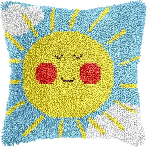 ANSIWEIGO Knüpfhaken-Set für Erwachsene und Anfänger,Cartoon-Sonnenmuster,DIY-Kissen-Stickset mit allen Materialien und Werkzeugen,perfekt für Anfänger,Heimdekoration und Geschenke,43x43 cm von ANSIWEIGO