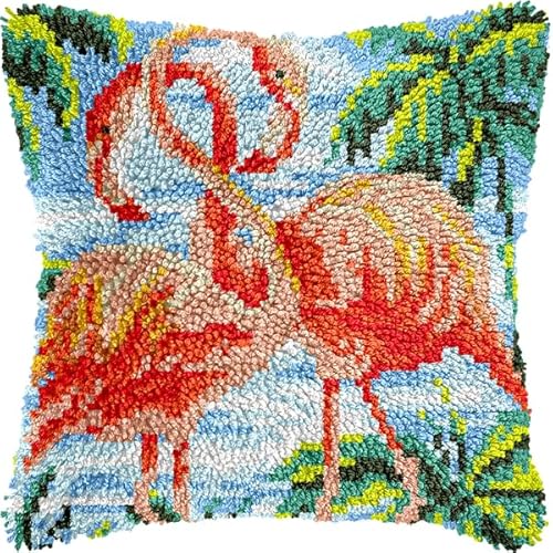 ANSIWEIGO Knüpfhaken-Set für Erwachsene und Anfänger,Flamingo,DIY-Kissen-Stickset mit allen Materialien und Werkzeugen,perfekt für Anfänger,Heimdekoration und Geschenke,43x43 cm von ANSIWEIGO