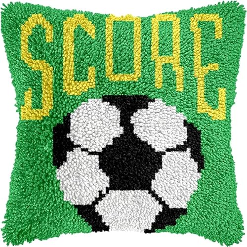 ANSIWEIGO Knüpfhaken-Set für Erwachsene und Anfänger,Fußballmuster,DIY-Kissen-Stickset mit allen Materialien und Werkzeugen,perfekt für Anfänger,Heimdekoration und Geschenke,43x43 cm von ANSIWEIGO