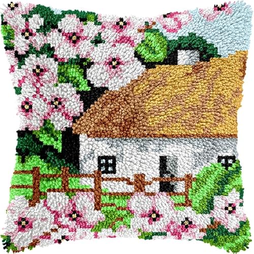 ANSIWEIGO Knüpfhaken-Set für Erwachsene und Anfänger,Gartenhaus,DIY-Kissen-Stickset mit allen Materialien und Werkzeugen,perfekt für Anfänger,Heimdekoration und Geschenke,43x43 cm von ANSIWEIGO