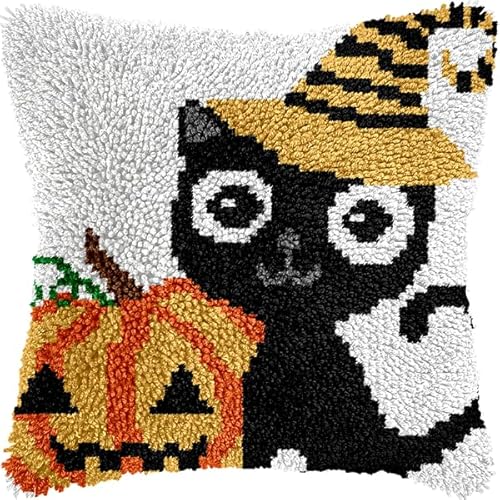 ANSIWEIGO Knüpfhaken-Set für Erwachsene und Anfänger,Halloween,DIY-Kissen-Stickset mit allen Materialien und Werkzeugen,perfekt für Anfänger,Heimdekoration und Geschenke,43x43 cm von ANSIWEIGO