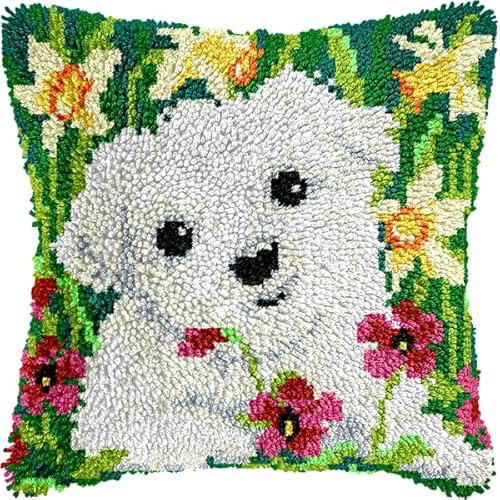 ANSIWEIGO Knüpfhaken-Set für Erwachsene und Anfänger,Hund in Blumen,DIY-Kissen-Stickset mit allen Materialien und Werkzeugen,perfekt für Anfänger,Heimdekoration und Geschenke,43x43 cm von ANSIWEIGO