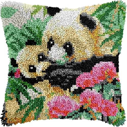 ANSIWEIGO Knüpfhaken-Set für Erwachsene und Anfänger,Panda-Mutter und Sohn,DIY-Kissen-Stickset mit allen Materialien und Werkzeugen,perfekt für Anfänger,Heimdekoration und Geschenke,43x43 cm von ANSIWEIGO