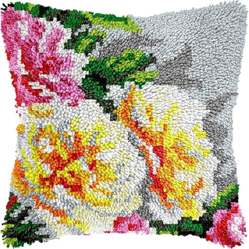 ANSIWEIGO Knüpfhaken-Set für Erwachsene und Anfänger,Pfingstrosenblume,DIY-Kissen-Stickset mit allen Materialien und Werkzeugen,perfekt für Anfänger,Heimdekoration und Geschenke,43x43 cm von ANSIWEIGO