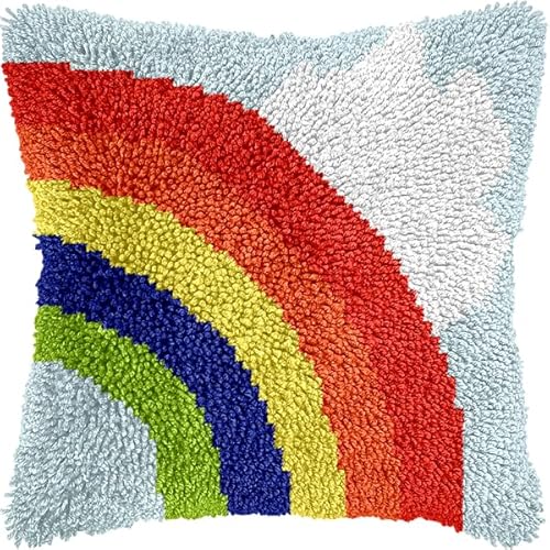 ANSIWEIGO Knüpfhaken-Set für Erwachsene und Anfänger,Regenbogenwolke,DIY-Kissen-Stickset mit allen Materialien und Werkzeugen,perfekt für Anfänger,Heimdekoration und Geschenke,43x43 cm von ANSIWEIGO