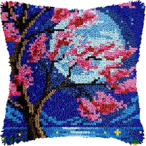 ANSIWEIGO Knüpfhaken-Set für Erwachsene und Anfänger,Sakura-Baum unter dem Mond,DIY-Stickset für Kissen mit allen Materialien und Werkzeugen,perfekt für Anfänger,Heimdekoration und Geschenke,43x43 cm von ANSIWEIGO