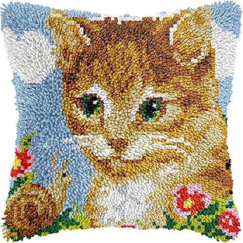 ANSIWEIGO Knüpfhaken-Set für Erwachsene und Anfänger,Schneckenkatze,DIY-Kissen-Stickset mit allen Materialien und Werkzeugen,perfekt für Anfänger,Heimdekoration und Geschenke,43x43 cm von ANSIWEIGO