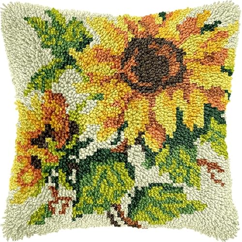 ANSIWEIGO Knüpfhaken-Set für Erwachsene und Anfänger,Sonnenblume,DIY-Kissen-Stickset mit allen Materialien und Werkzeugen,perfekt für Anfänger,Heimdekoration und Geschenke,43x43 cm von ANSIWEIGO