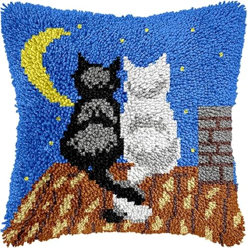 ANSIWEIGO Knüpfhaken-Set für Erwachsene und Anfänger,Sternennachtkatze,DIY-Kissen-Stickset mit allen Materialien und Werkzeugen,perfekt für Anfänger,Heimdekoration und Geschenke,43x43 cm von ANSIWEIGO