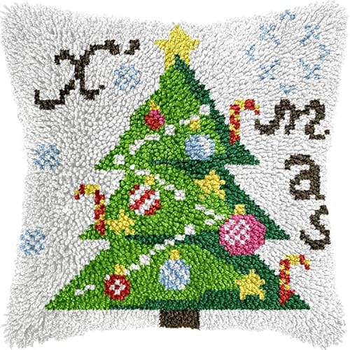 ANSIWEIGO Knüpfhaken-Set für Erwachsene und Anfänger,Weihnachtsbaum,DIY-Kissen-Stickset mit allen Materialien und Werkzeugen,perfekt für Anfänger,Heimdekoration und Geschenke,43x43 cm von ANSIWEIGO