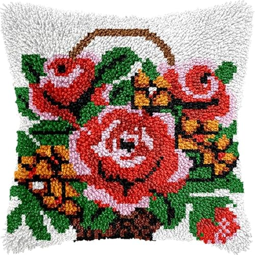 ANSIWEIGO Knüpfhaken-Set für Erwachsene und Anfänger,Weihnachtsblumen,DIY-Kissen-Stickset mit allen Materialien und Werkzeugen,perfekt für Anfänger,Heimdekoration und Geschenke,43x43 cm von ANSIWEIGO