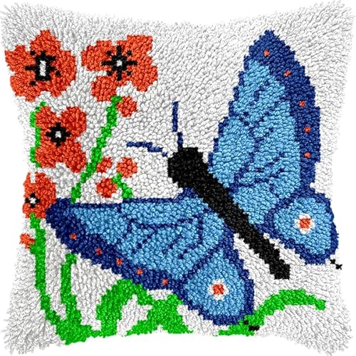 ANSIWEIGO Knüpfhaken-Set für Erwachsene und Anfänger,blauer Schmetterling,DIY-Stickset für Kissen mit allen Materialien und Werkzeugen,perfekt für Anfänger,Heimdekoration und Geschenke,43x43 cm von ANSIWEIGO