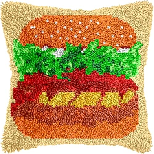 ANSIWEIGO Knüpfhaken-Set für Erwachsene und Anfänger,leckerer Burger,DIY-Kissen-Stickset mit allen Materialien und Werkzeugen,perfekt für Anfänger,Heimdekoration und Geschenke,43x43 cm von ANSIWEIGO