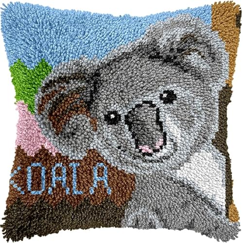 ANSIWEIGO Knüpfhaken-Set für Erwachsene und Anfänger,süßer Koala,DIY-Stickset für Kissen mit allen Materialien und Werkzeugen,perfekt für Anfänger,Heimdekoration und Geschenke,43x43 cm von ANSIWEIGO