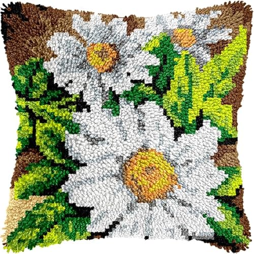 ANSIWEIGO Knüpfhaken-Set mit Blumen für Anfänger,Gänseblümchenstrauß,farbig bedruckter Kissenbezug,Kreuzstich-Set,Garnstickerei für die Handarbeitsherstellung,43x43 cm von ANSIWEIGO