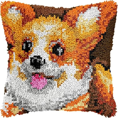 ANSIWEIGO Knüpfhaken-Set mit Hundemotiv für Anfänger,Corgi,farbig bedruckter Kissenbezug,Kreuzstich-Set,Garnstickerei für die Handarbeitsherstellung,43x43 cm von ANSIWEIGO