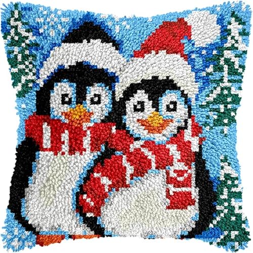 ANSIWEIGO Knüpfhaken-Set mit Tieren für Anfänger,Pinguin mit Weihnachtsmannmütze,farbig bedruckter Kissenbezug,Kreuzstich-Set,Garnstickerei für die Handarbeitsherstellung,43x43 cm von ANSIWEIGO