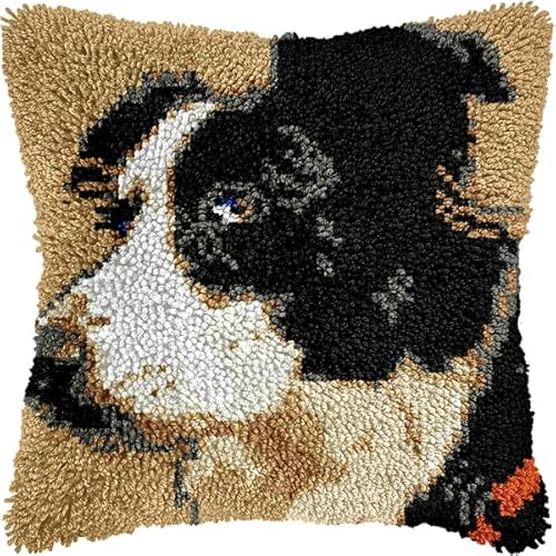 ANSIWEIGO Knüpfhaken-Set zum Selbermachen mit Hund,Border Collie,Kreuzstich-Kissen,Knüpfhaken-Sets,Stickerei,Stickkissen zum Selbermachen,zum Basteln,43x43 cm von ANSIWEIGO