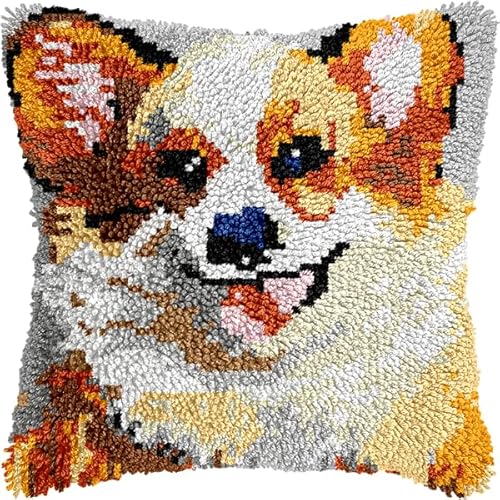 ANSIWEIGO Knüpfhaken-Set zum Selbermachen mit Hund,Corgi,Kreuzstich-Kissen,Knüpfhaken-Sets,Sticken,Stickkissen zum Selbermachen,zum Basteln,43x43 cm von ANSIWEIGO