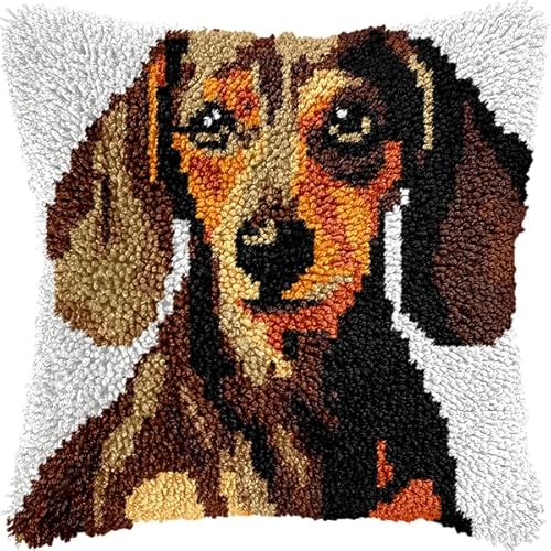 ANSIWEIGO Knüpfhaken-Set zum Selbermachen mit Hund,Dackel,Kreuzstich-Kissen,Knüpfhaken-Sets,Stickerei,Stickkissen zum Selbermachen,zum Basteln,43x43 cm von ANSIWEIGO