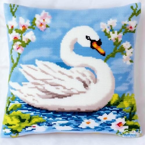 ANSIWEIGO Kreuzstich Kissen Set Stickkissen zum Selbersticken 45X45cm Stickpackung Stickset zum Basteln Stickkissen Stickpackung mit Vorgedruckt Kreuzstichmotiv,Schwan im Wasser von ANSIWEIGO