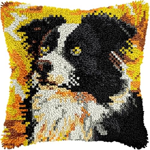 ANSIWEIGO Kreuzstich-Kissenset mit Hund,Border Collie,Knüpfhaken-Set,vorgedruckter Häkel-Kissenbezug aus Canvas,Knüpfhaken-Kissenbezug,Hobby & Basteln,43x43 cm von ANSIWEIGO