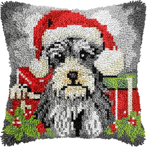 ANSIWEIGO Kreuzstich-Kissenset mit Tiermotiv,Hund mit Weihnachtsmannmütze,Knüpfhaken-Set,vorgedruckter Häkel-Kissenbezug aus Canvas,Knüpfhaken-Kissenbezug,Hobby & Basteln,43x43 cm von ANSIWEIGO