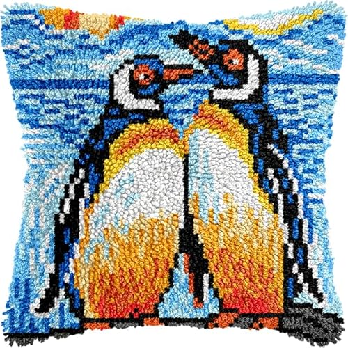 ANSIWEIGO Kreuzstich-Kissenset mit Tiermotiv,Pinguin,Knüpfhaken-Set,vorgedruckter Häkel-Kissenbezug aus Canvas,Knüpfhaken-Kissenbezug,Hobby & Basteln,43x43 cm von ANSIWEIGO