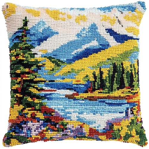 ANSIWEIGO Kreuzstichkissen Set Kissenbezug Zum Sticken Kreuzstich Stickkissen Kreuzstich Stickpackungen Kissen Front zum Selbersticken mit Stickvorlagen 45x45 cm Berge See Landschaft von ANSIWEIGO