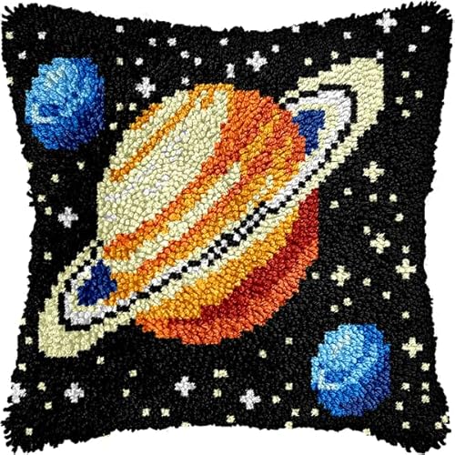 ANSIWEIGO Landschaft DIY Knüpfhaken Set,Kosmischer Planet,Kreuzstich Kissen Knüpfhaken Kits Stickerei Do It Yourself Stickkissen zum Basteln,43x43 cm von ANSIWEIGO