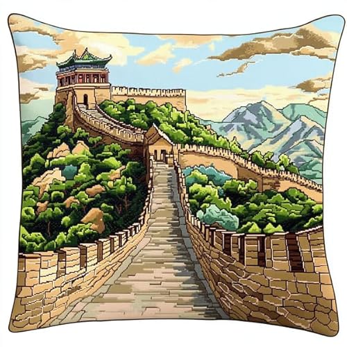 ANSIWEIGO Landschaft der Chinesischen Mauer,Kreuzstich-Set mit Stempel (45x45 cm),Kissen-Set mit Kreuzstich-Stempel für kreative Heimdekoration,Handarbeitsset für erwachsene Anfänger von ANSIWEIGO