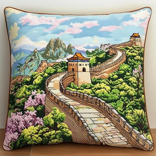 ANSIWEIGO Landschaft der Chinesischen Mauer. Kreuzstich-Set. Dekokissen 45,7 x 45,7 cm. Bedruckte Gobelin-Leinwand für kreative Heimdekoration von ANSIWEIGO