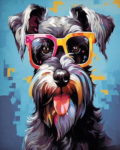 ANSIWEIGO Malen nach Zahlen,Schnauzer-Hund mit Brille,lustiges digitales Ölgemälde-Set zum Selbermachen mit bezauberndem Hundedesign,perfekt für Erwachsene und Kinder,40x50 cm von ANSIWEIGO