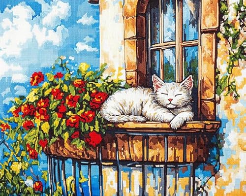 ANSIWEIGO Malen-nach-Zahlen-Set für Anfänger,Landschaft,auf der Fensterbank schlafende Katze,handgemachte Zeichnung auf Leinwand,Bild nach Zahlen für Heimdekorationen,40x50 cm ohne Rahmen von ANSIWEIGO