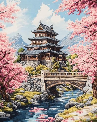 ANSIWEIGO Malen-nach-Zahlen-Set für Anfänger,japanische Landschaft,Sakura-Tempel,handgefertigte Zeichnung auf Leinwand,Bild nach Zahlen für Heimdekorationen,40x50 cm ohne Rahmen von ANSIWEIGO