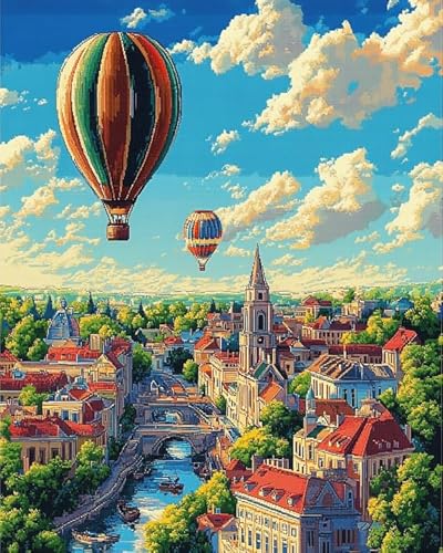 ANSIWEIGO Malen-nach-Zahlen-Set für Erwachsene,Heißluftballon über der Stadt,Einfaches Malen-nach-Zahlen-Set zum Selbermachen mit Acrylfarben,Kunst und Handwerk,40x50cm,Ohne Rahmen von ANSIWEIGO