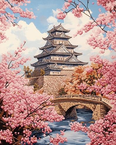 ANSIWEIGO Malen-nach-Zahlen-Set für Erwachsene,japanische Landschaft,Sakura-Tempel,DIY-Acryl-Malen-nach-Zahlen-Set,Heim-Wanddekoration,Kunsthandwerk,40x50 cm,ohne Rahmen von ANSIWEIGO