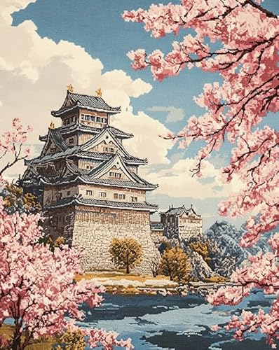 ANSIWEIGO Malen-nach-Zahlen-Set für Erwachsene – Japanische Landschaft,Sakura-Tempel – 40x50 cm,Öl- und Acrylgemälde zum Selbermachen,Kunstwerk als Heimdekoration oder Geschenk,ohne Rahmen von ANSIWEIGO