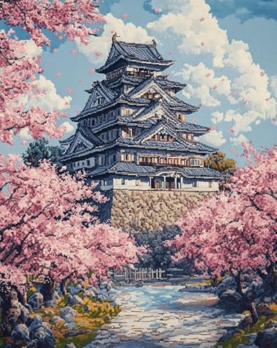 ANSIWEIGO Malen-nach-Zahlen-Set für Erwachsene – Japanische Landschaft,Sakura-Tempel – Rahmenloses Acryl-Leinwand-Malset,15,7 x 19,7 Zoll – Perfekt als Heimdekoration und Geschenk von ANSIWEIGO