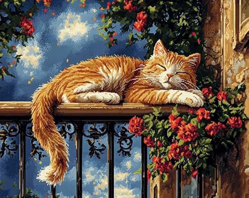 ANSIWEIGO Malen-nach-Zahlen-Set für Erwachsene – Landschaft,schlafende Katze auf der Fensterbank – Rahmenloses Acryl-Leinwand-Malset,15,7 x 19,7 Zoll – Perfekt als Heimdekoration und Geschenk von ANSIWEIGO