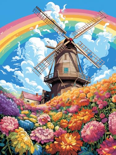 ANSIWEIGO Malen-nach-Zahlen-Set für Erwachsene – Premium-Leinwand,16x20 Zoll,ohne Rahmen,mit Pinseln und Acrylfarben,Blumenfeld Regenbogen Windmühle von ANSIWEIGO